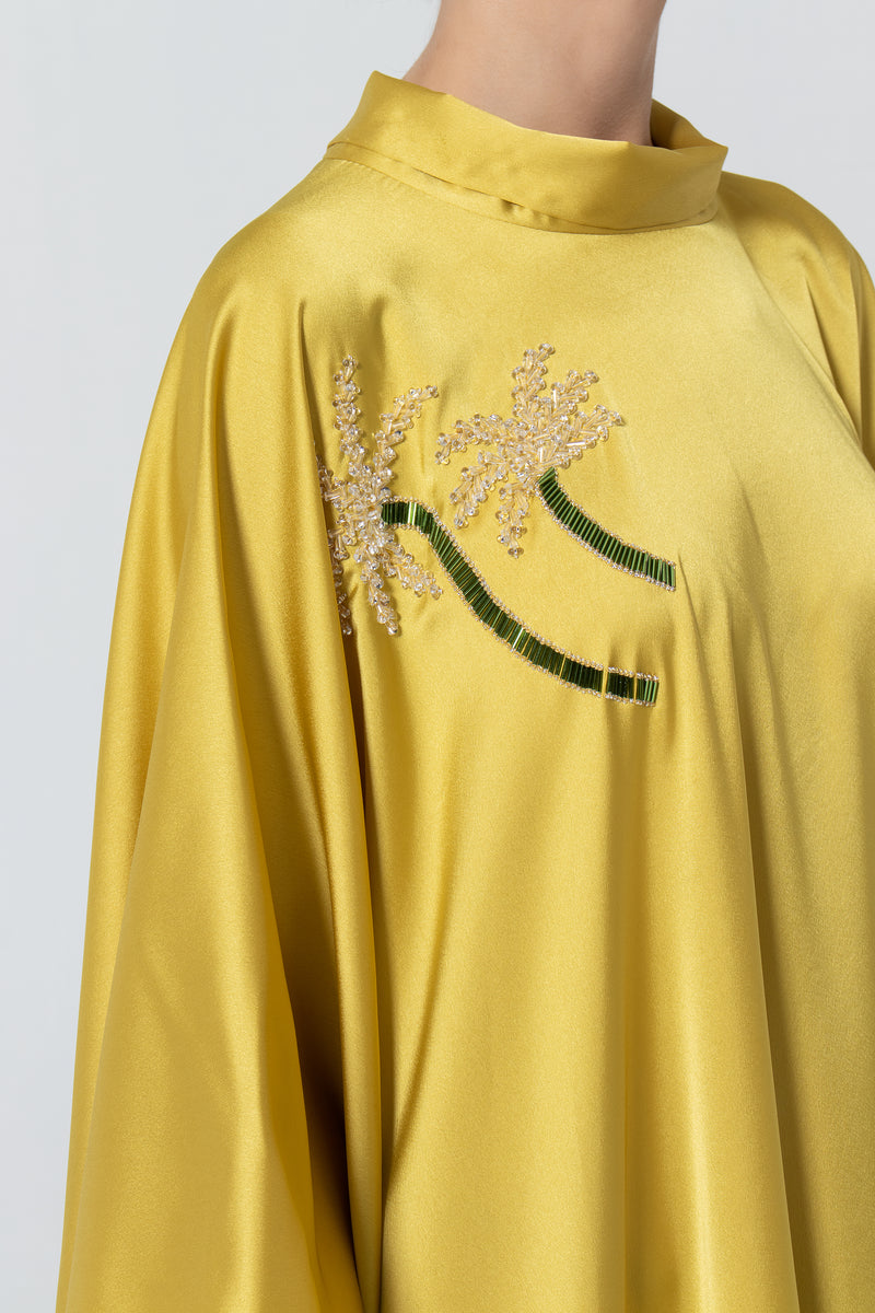 Satin Kaftan with Embroidery - Mustard