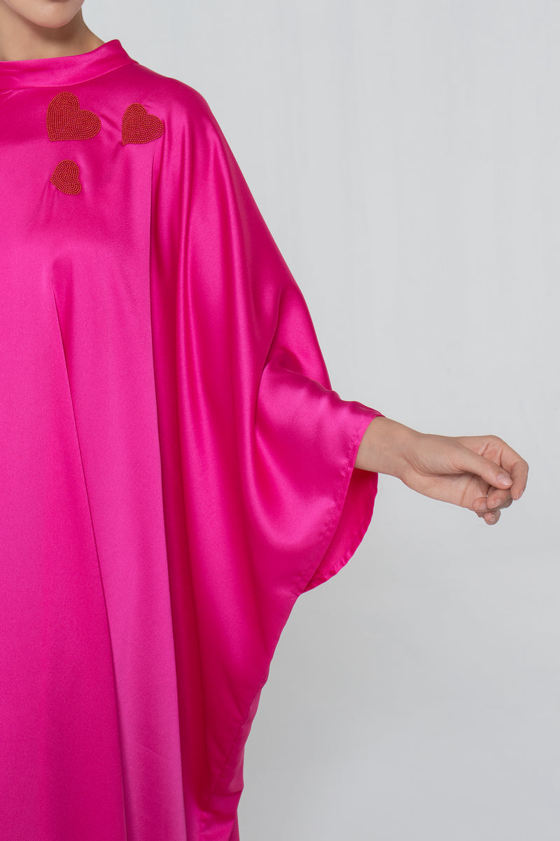 Satin Kaftan with Embroidery - Fuchsia