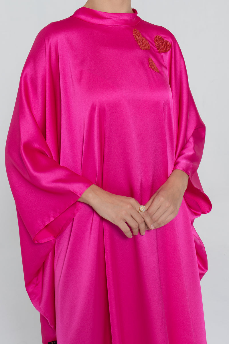 Satin Kaftan with Embroidery - Fuchsia