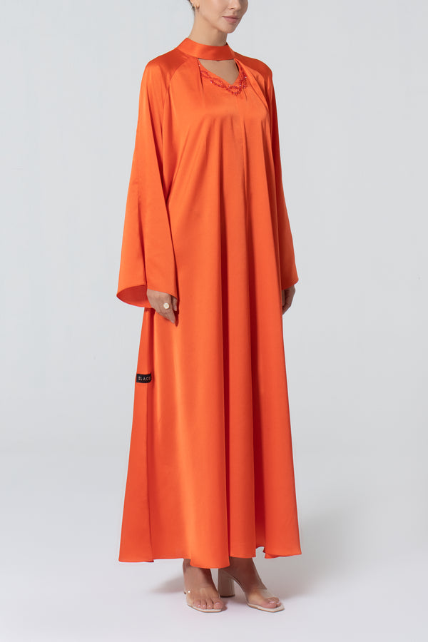 Satin Dress with Embroidery - Orange