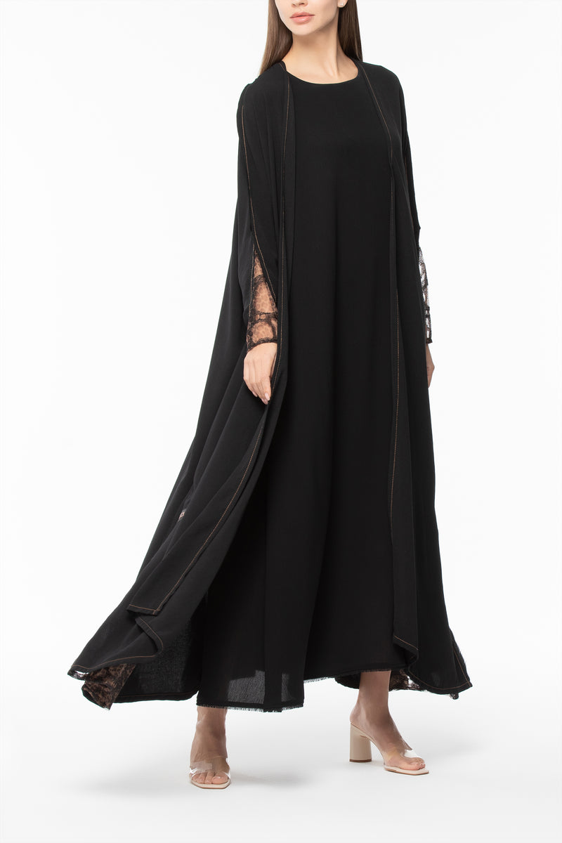 Leopard Tulle Abaya in Crepe