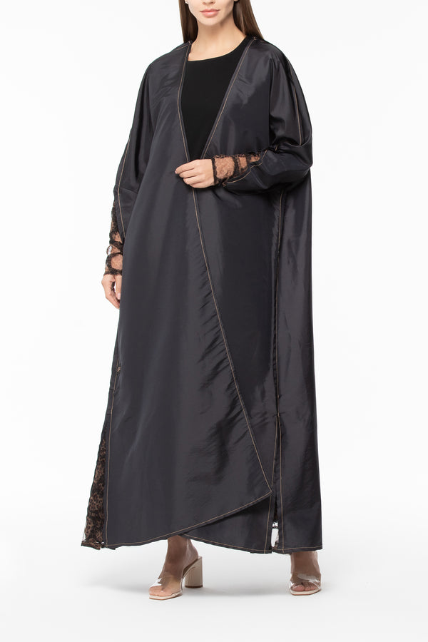 Leopard Tulle Abaya in Taffeta