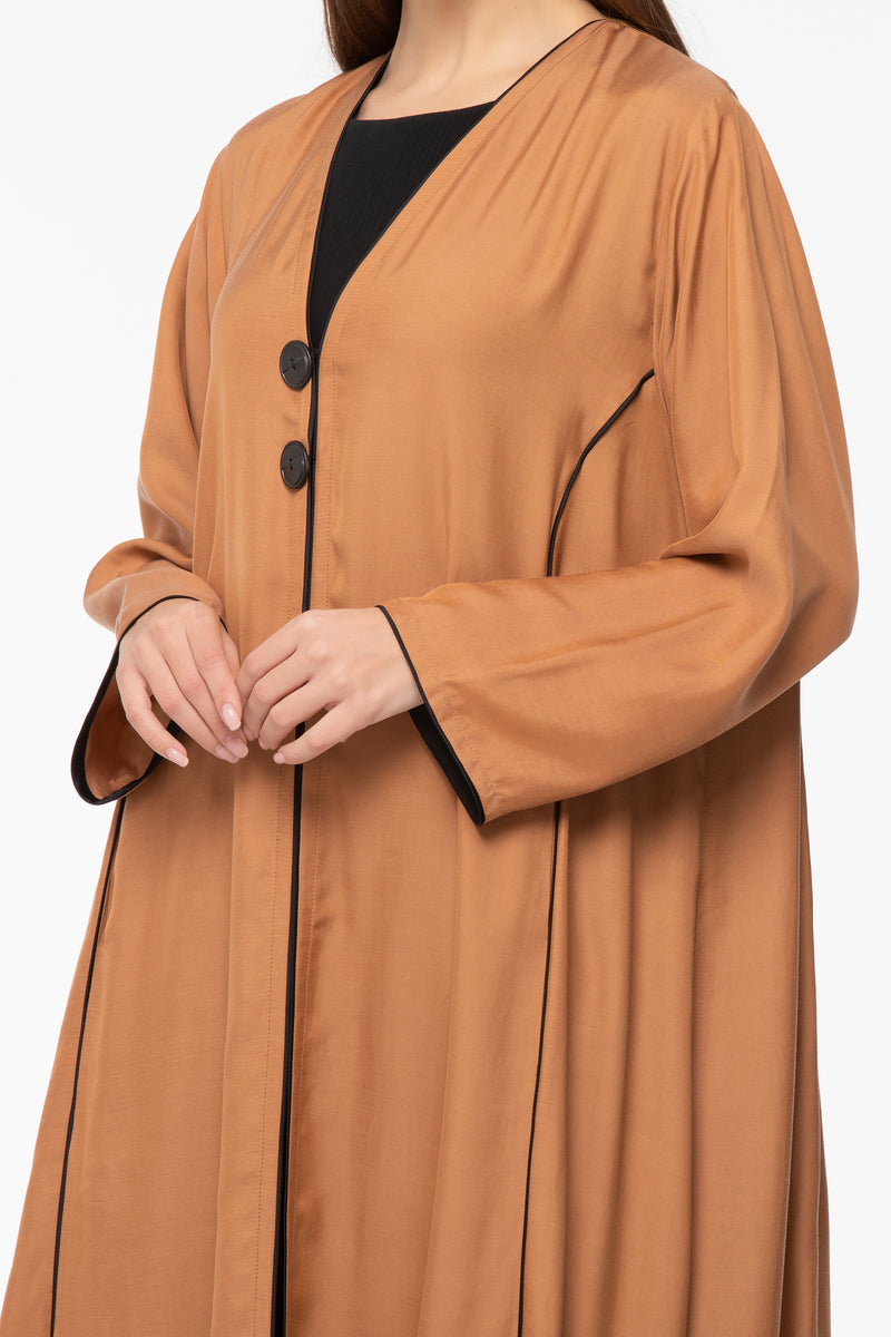 Buttoned Abaya with Piping - Camel