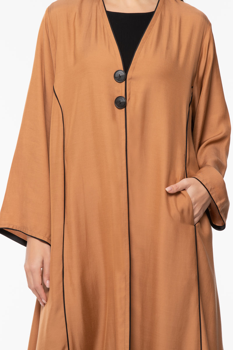 Buttoned Abaya with Piping - Camel