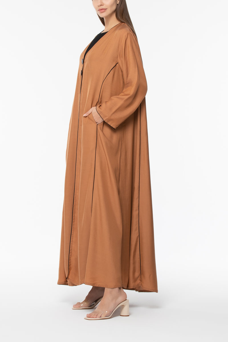 Buttoned Abaya with Piping - Camel