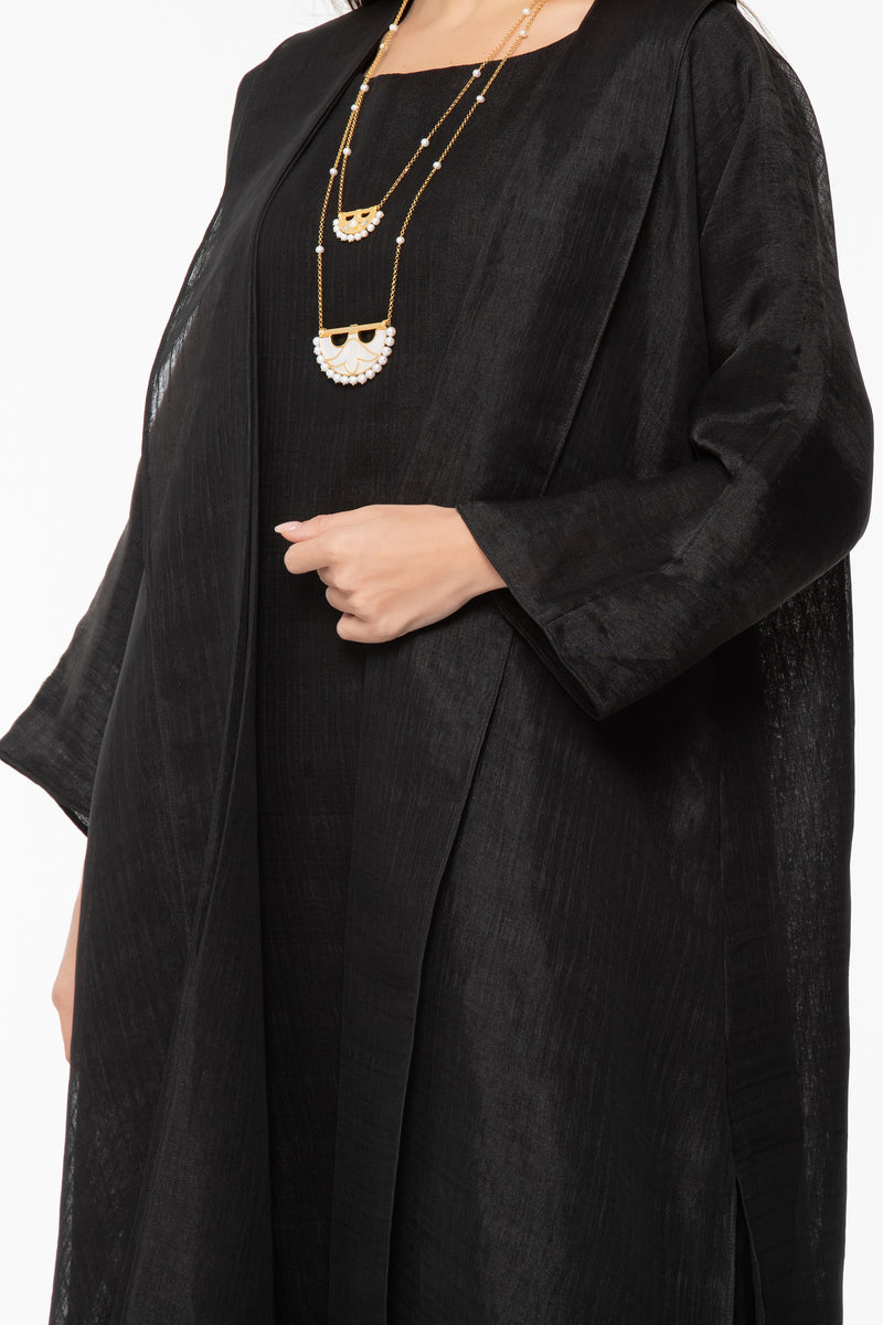 Organza Layered Abaya - Black