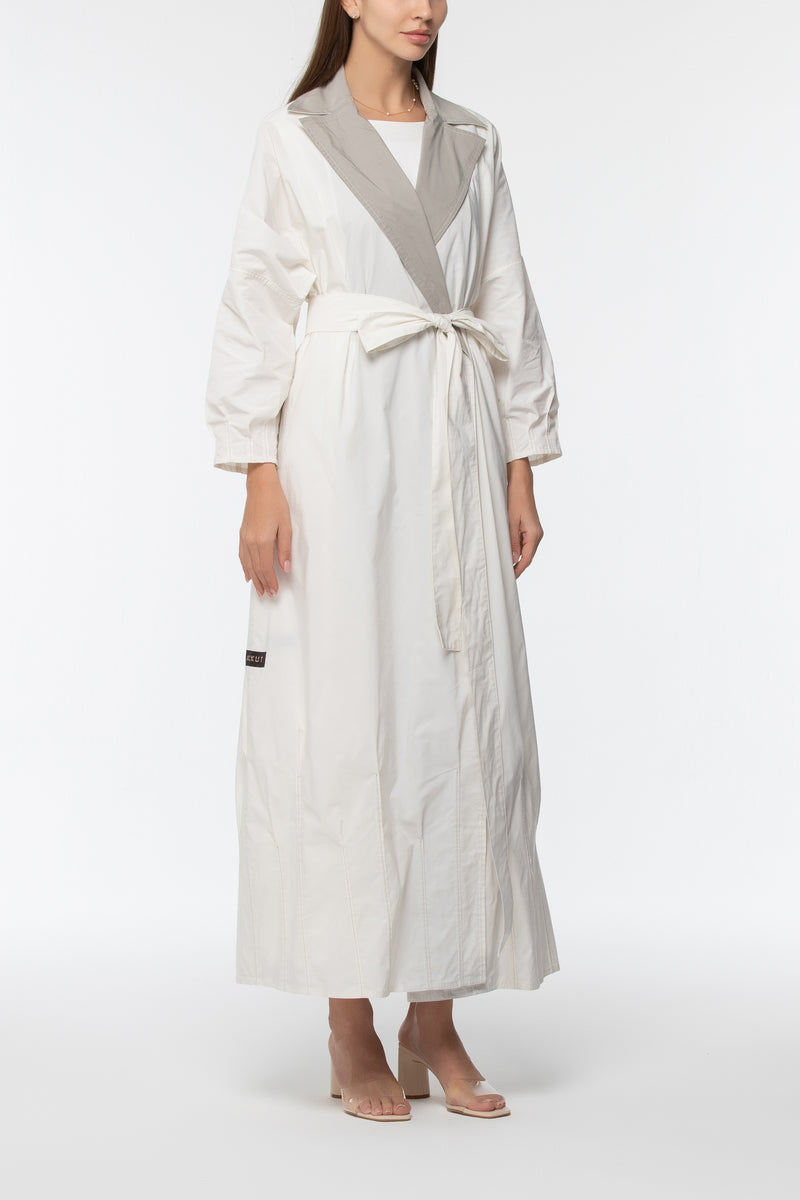 Trench Pleats Abaya - Off-white and Grey