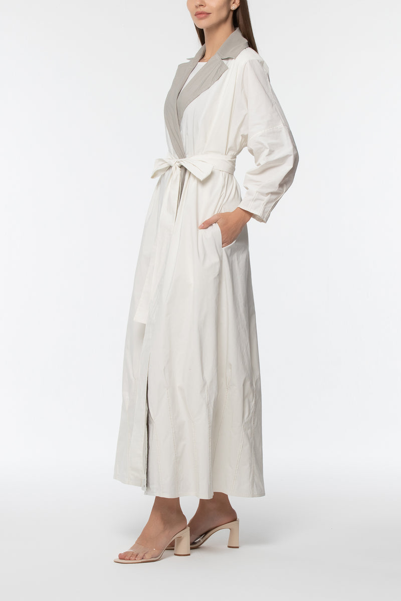 Trench Pleats Abaya - Off-white and Grey