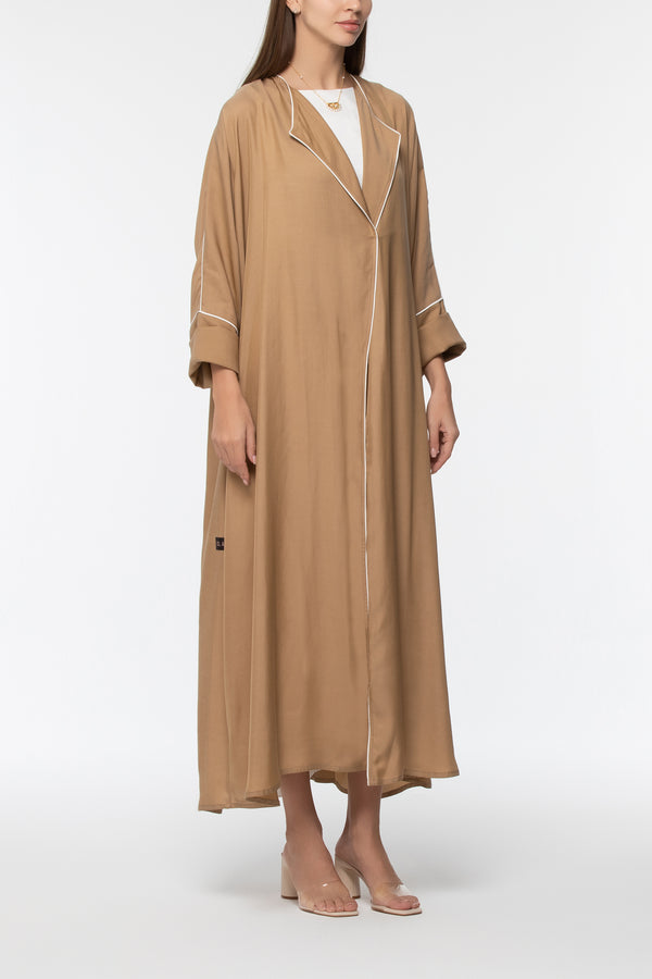 Collared Abaya with Piping - Beige