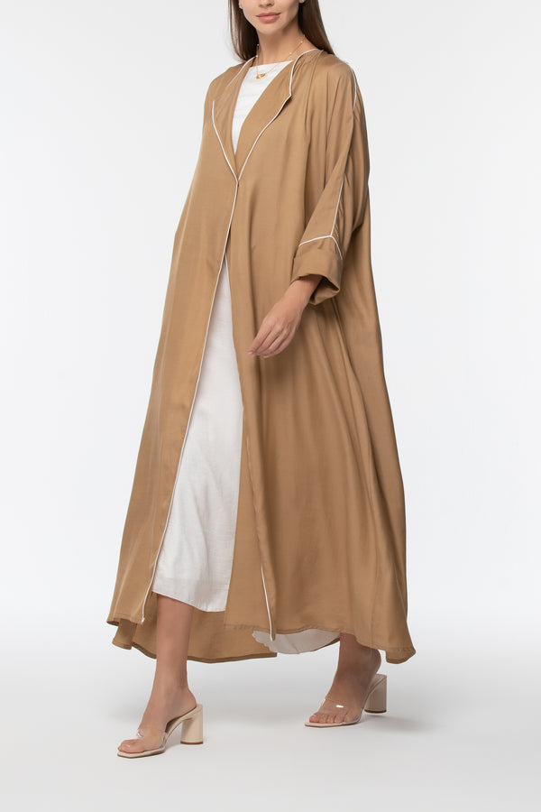 Collared Abaya with Piping - Beige