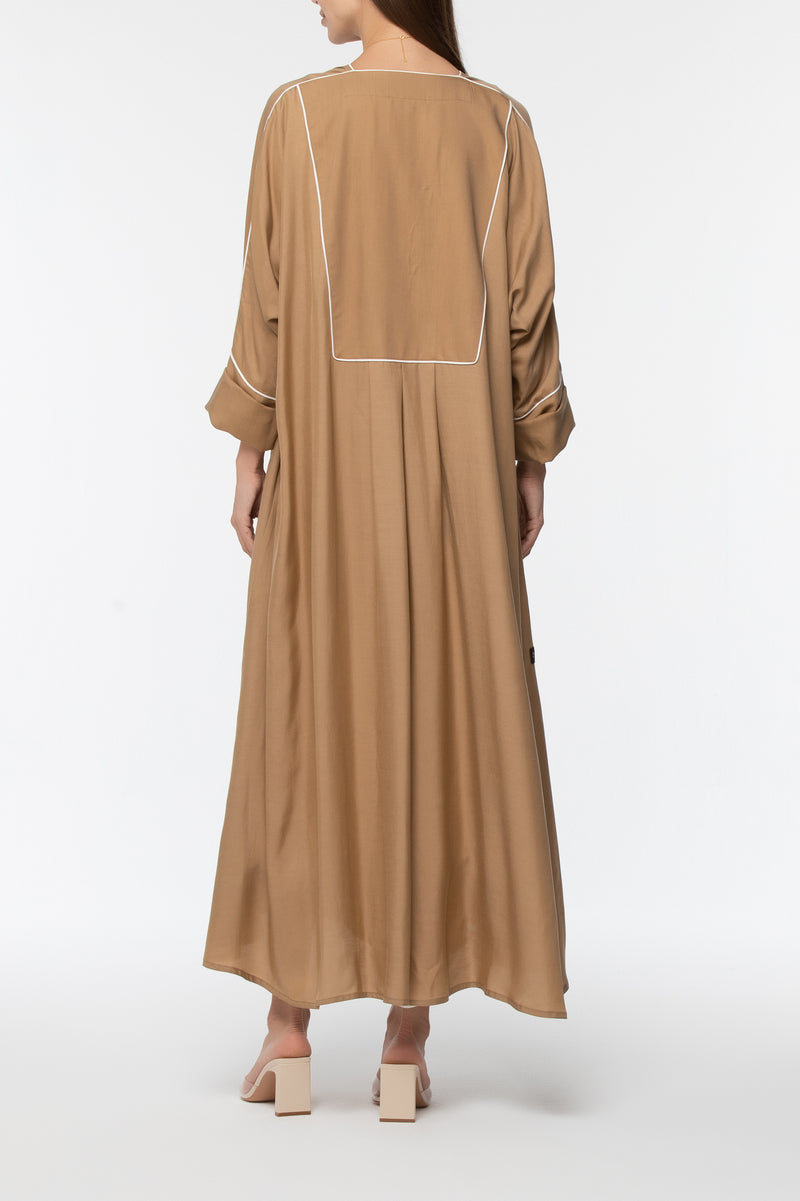 Collared Abaya with Piping - Beige