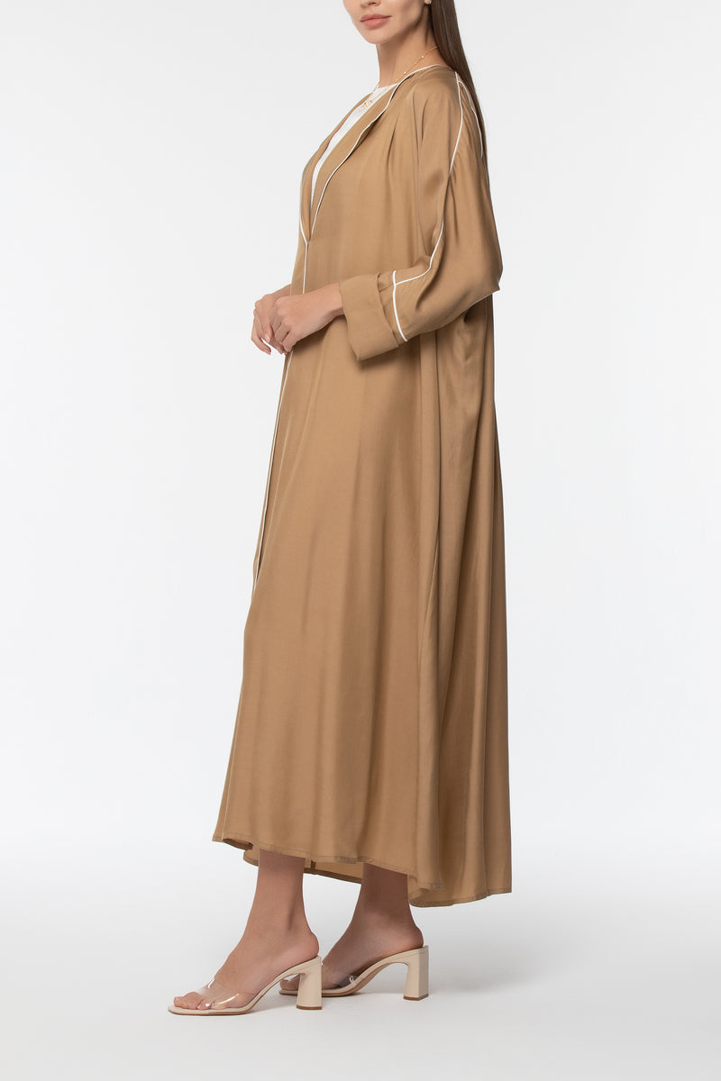 Collared Abaya with Piping - Beige